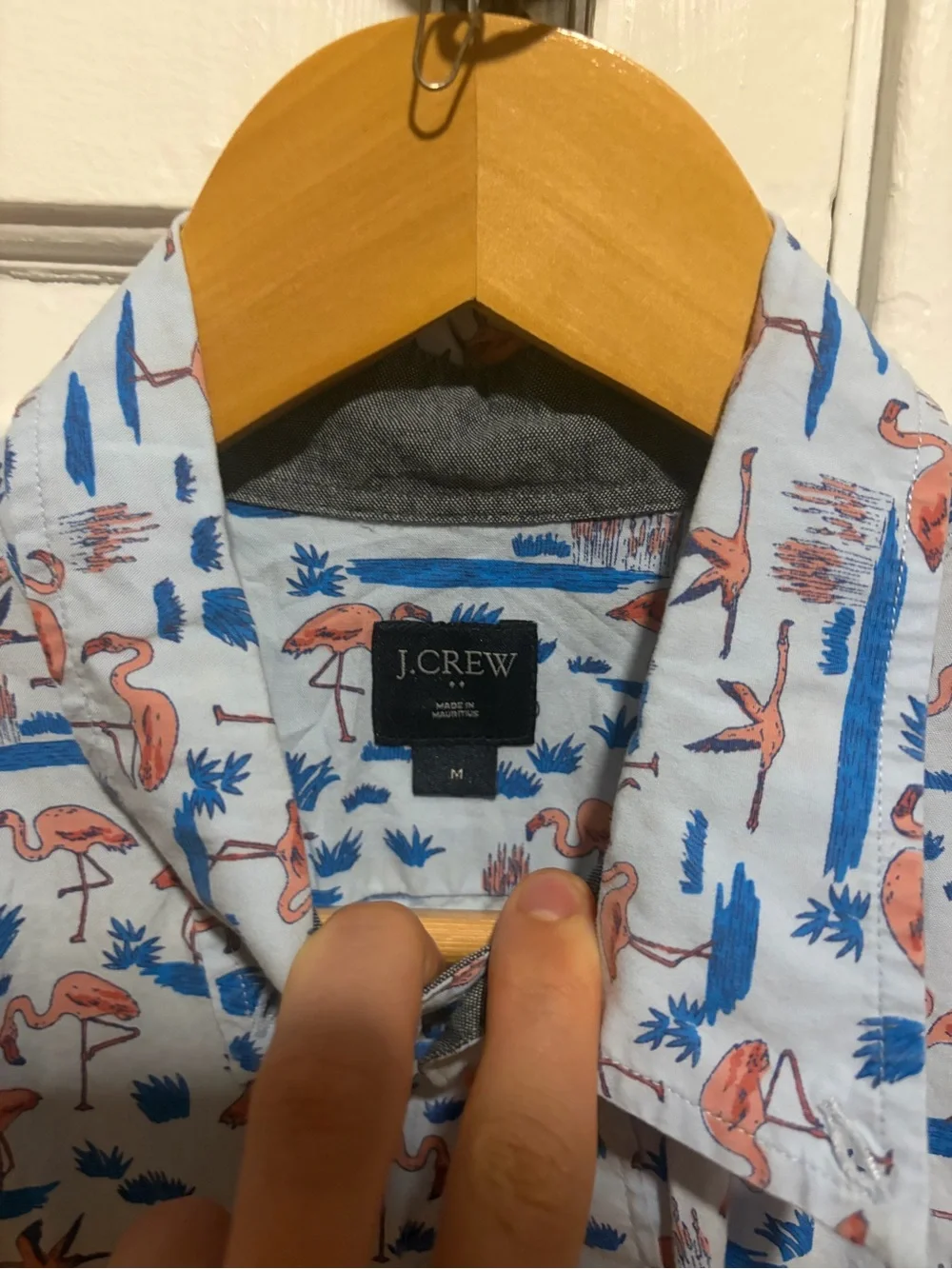 J. Crew Light Blue Flamingo & Water Print Short-Sleeve Shirt